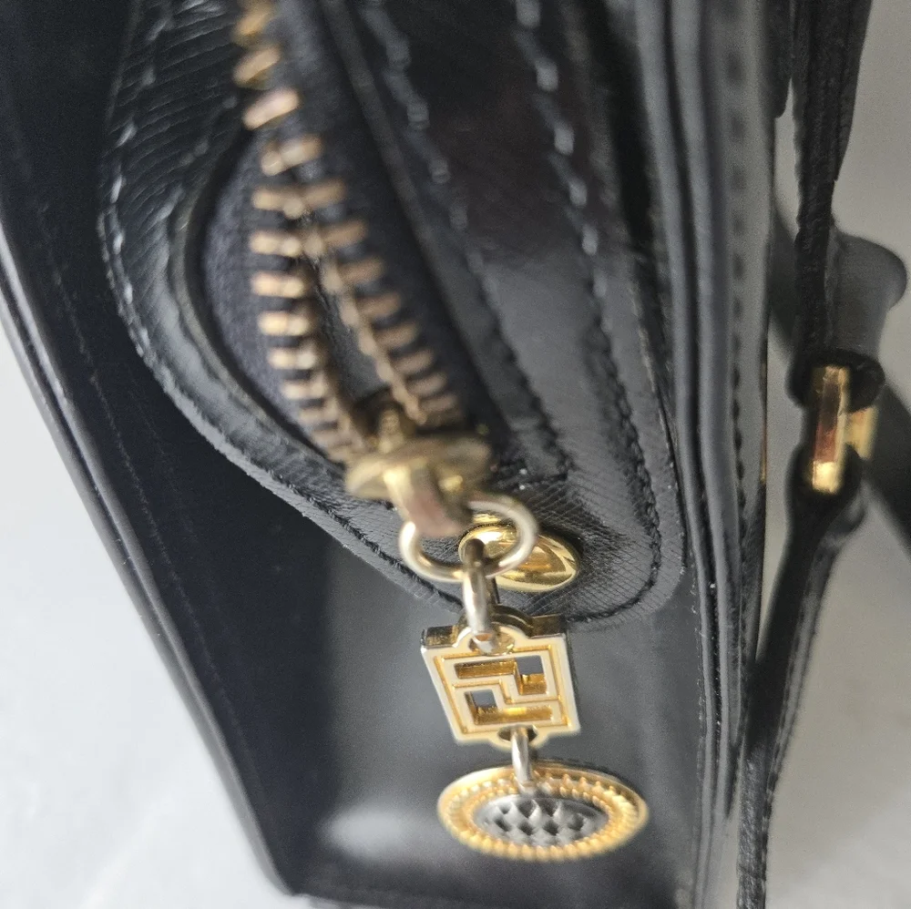 New Gianni Versace 2-Way Sunburst Black/Gold Leather Handbag w Dustbag - Picture 6 of 11